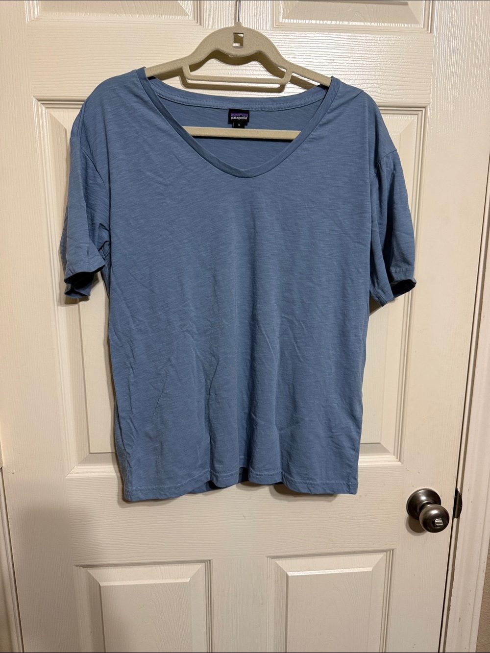 Patagonia Short Sleeve V-Neck Tee in Dusty Blue